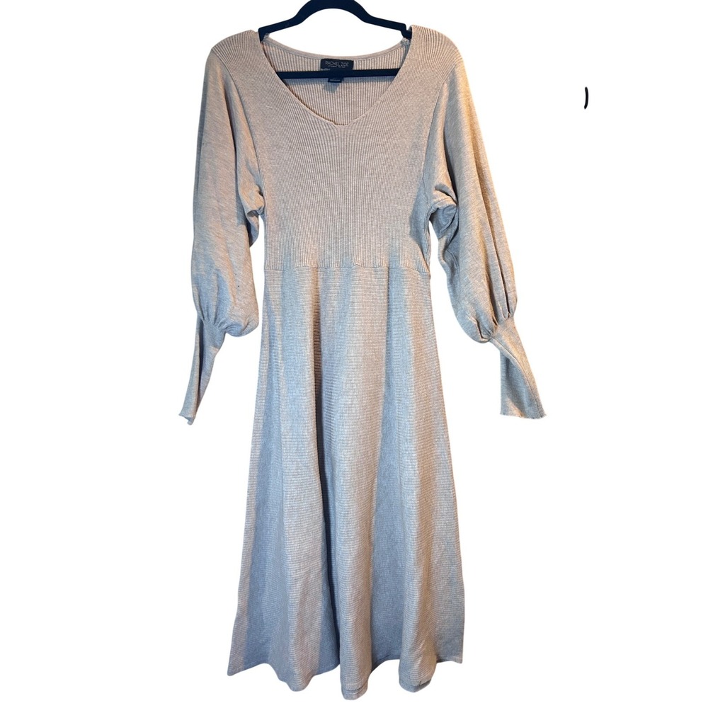 Rachel Zoe Ribbed Knit Midi Dress Womens Large Beige Good Puff Sleeve V-Neck